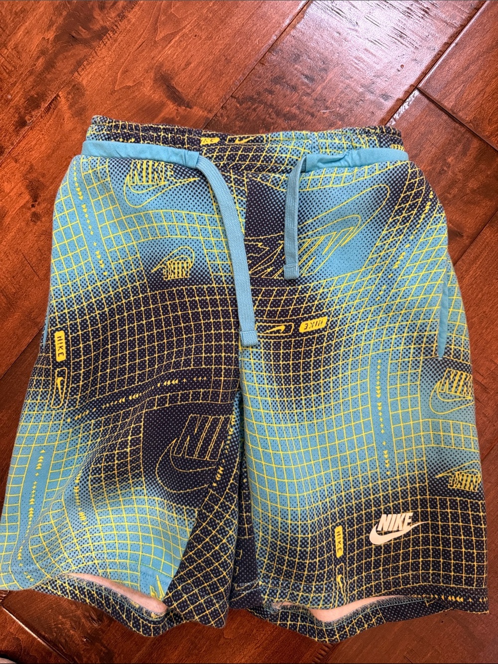 Nike Boys Blue and Yellow Grid Print Athletic Shorts
